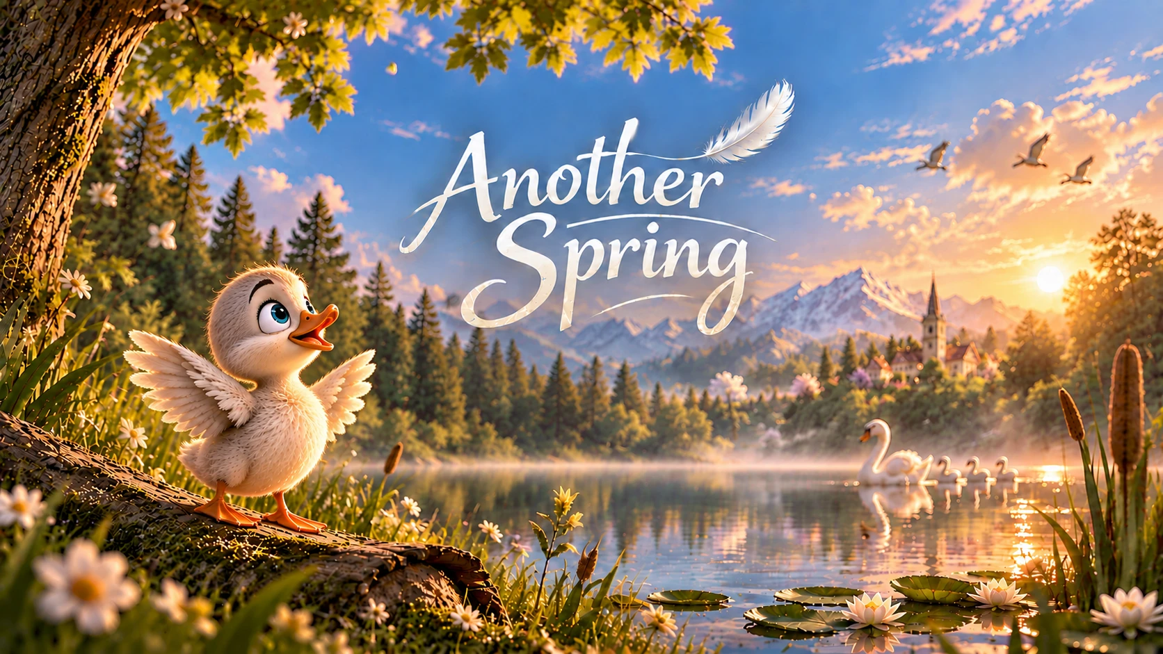 Another Spring : un caneton déploie ses ailes au bord d’un lac doré, sous les arbres en fleurs.