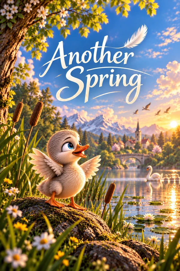Affiche illustrée d’Another Spring : le caneton devant un lac et un village, dans la lumière dorée.