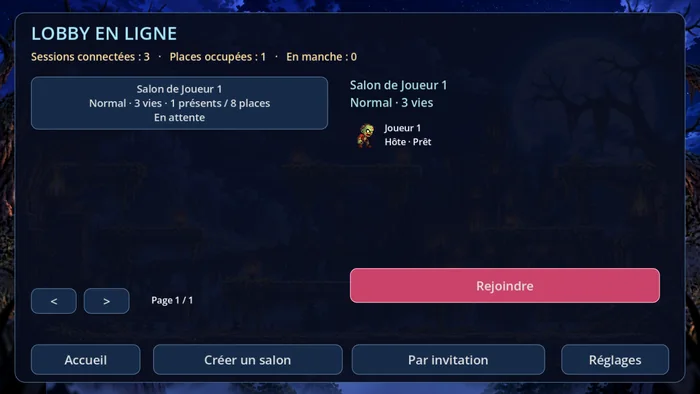 Le catalogue de Bubble Slam avec un salon public, son mode, ses participants et les compteurs