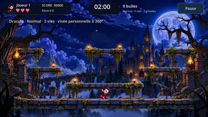 Une partie solo dans le manoir avec les bulles, les plateformes et le HUD