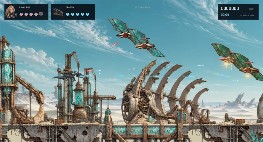 Le duo survole le désert et ses carcasses géantes, face à des machines volantes aux ailes turquoise.