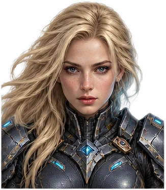 Portrait de la cavalière blonde, en armure mécanique sombre et cyan.