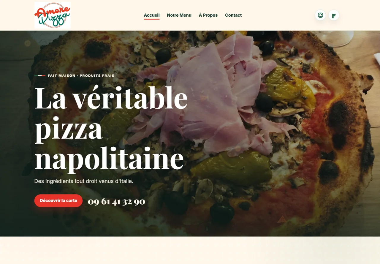 Amore Pizza : accueil du site client et accès à la carte du restaurant.