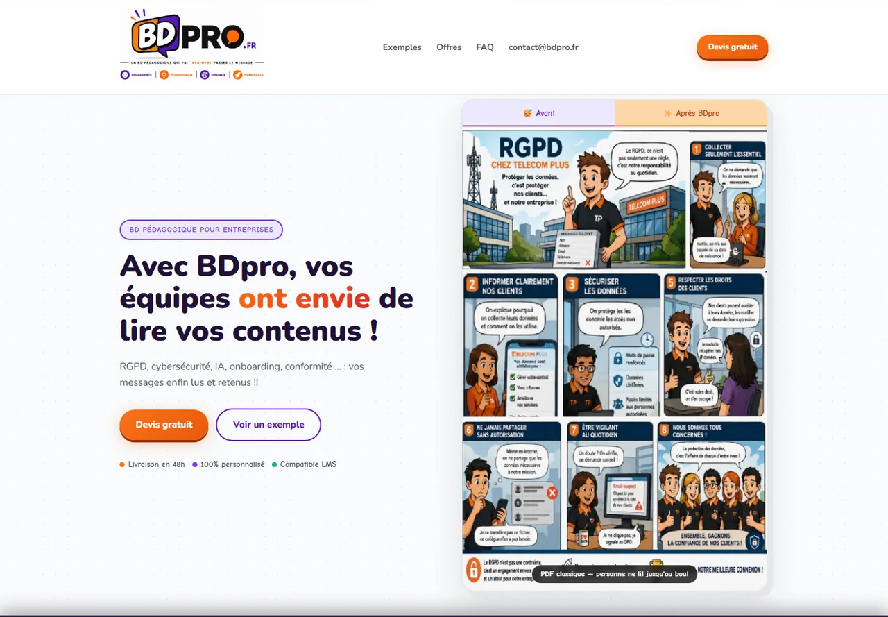 Accueil de BDpro : identité illustrée, offre de BD pédagogique et exemple visuel.
