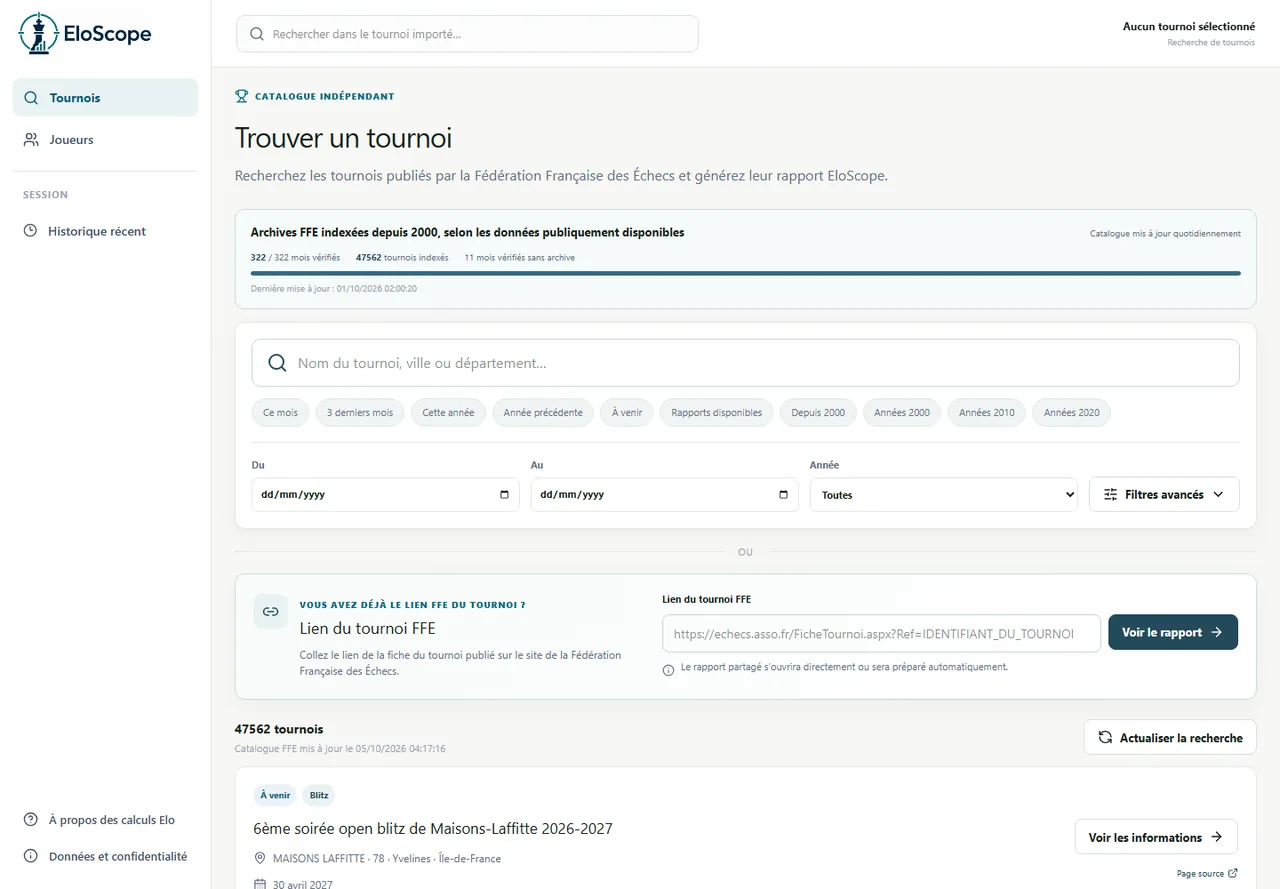 EloScope : interface de recherche de tournois, filtres et catalogue indépendant.