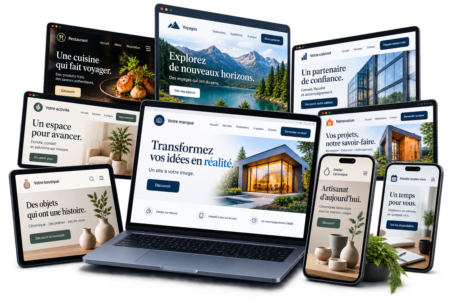 Composition illustrative de sites professionnels sur ordinateur, tablette et smartphones : restauration, voyages, services, artisanat et boutique.