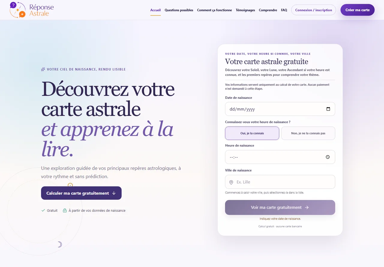 Réponse Astrale : accueil violet, présentation du parcours et formulaire de carte astrale.