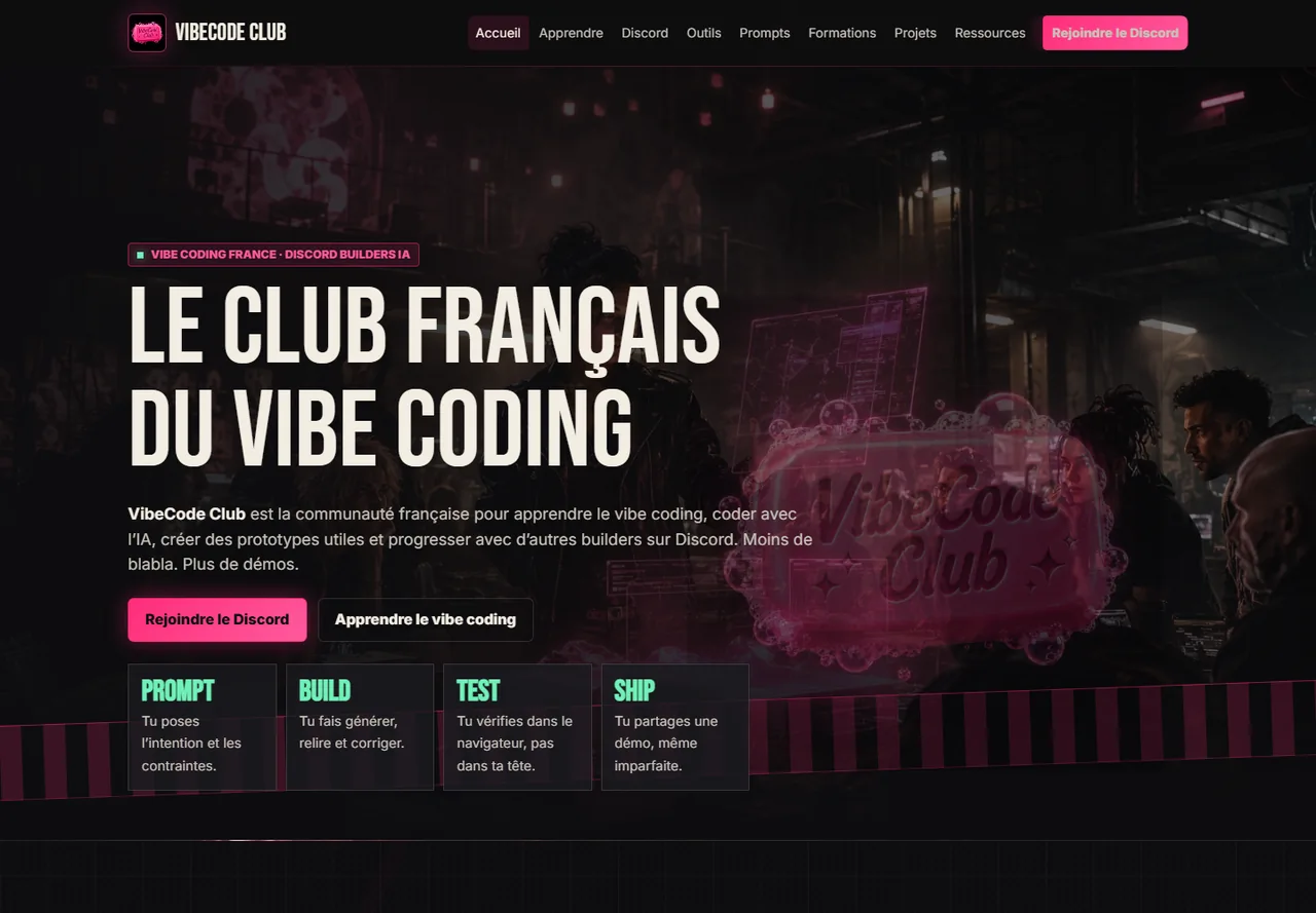 VibeCode Club : accueil de la communauté, navigation et parcours pour apprendre.