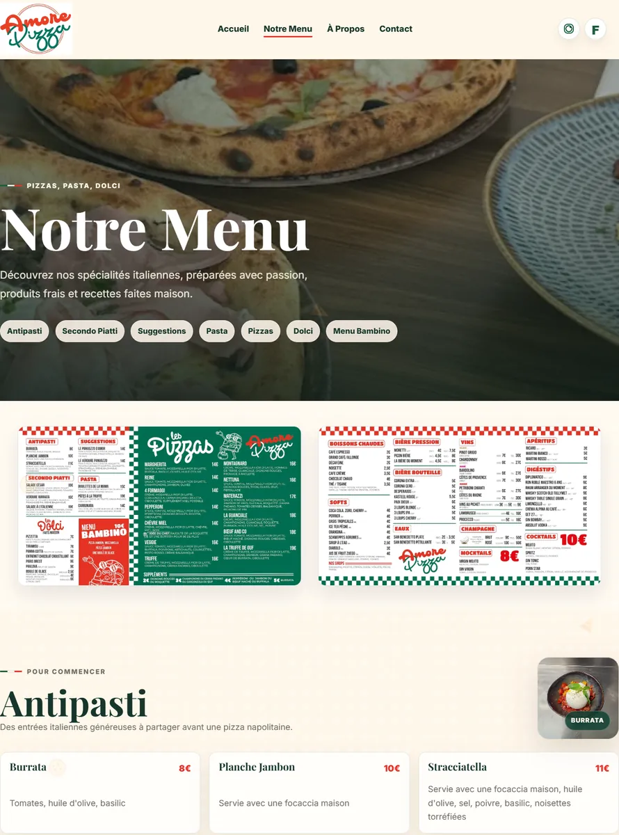 Page d’accueil de la démonstration de site Amore Pizza