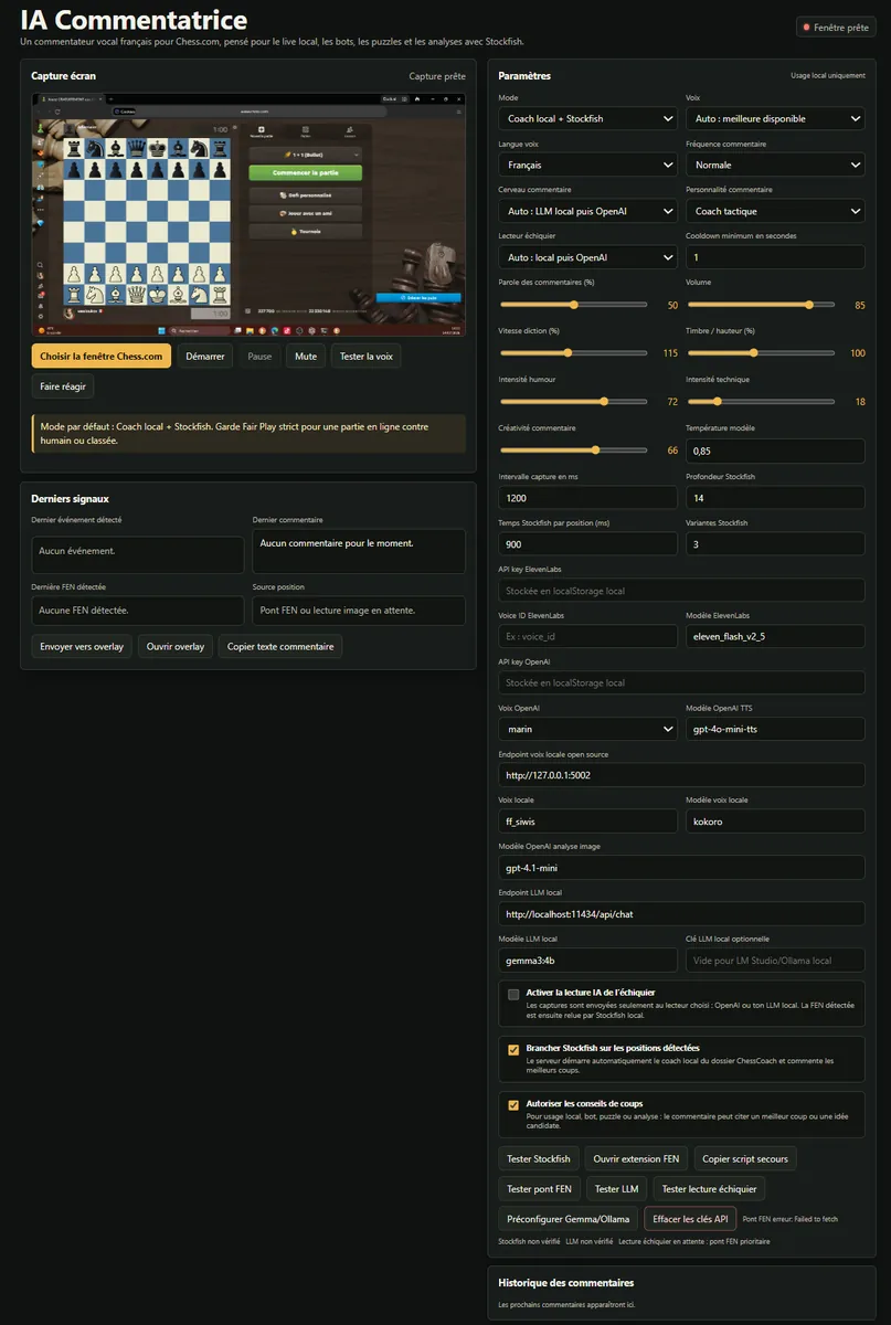 Interface du commentateur de parties d’échecs par intelligence artificielle