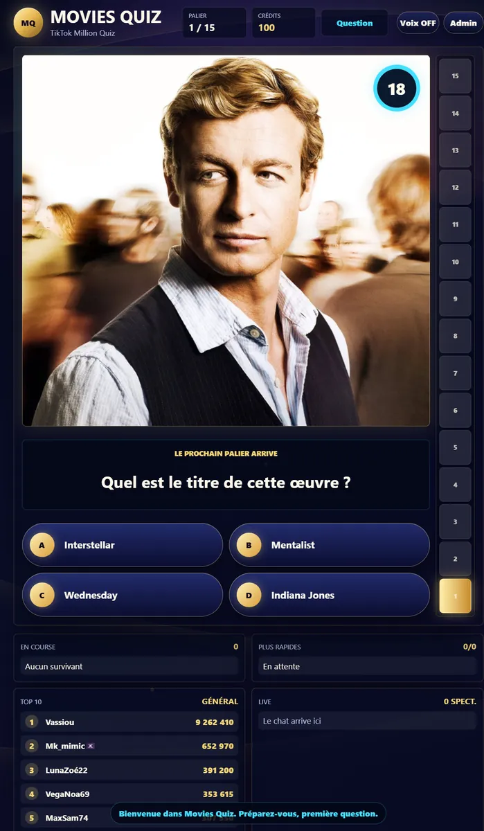 Interface mobile de MoviesQuizz