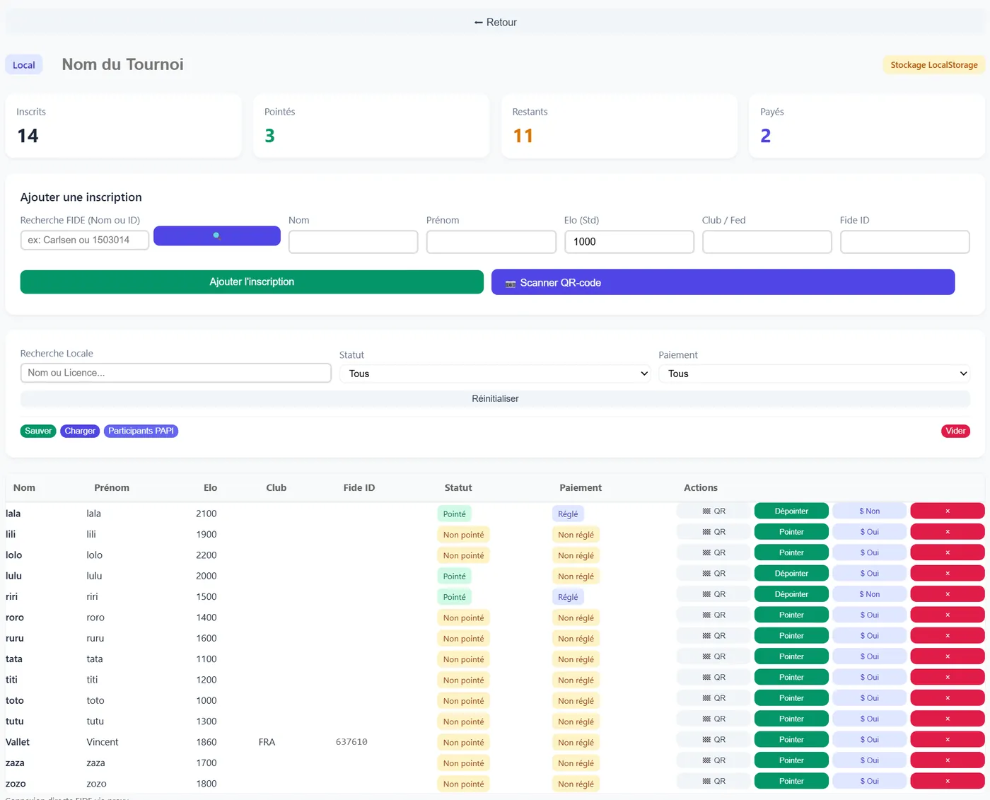 Interface de gestion des inscriptions et résultats d’un tournoi d’échecs