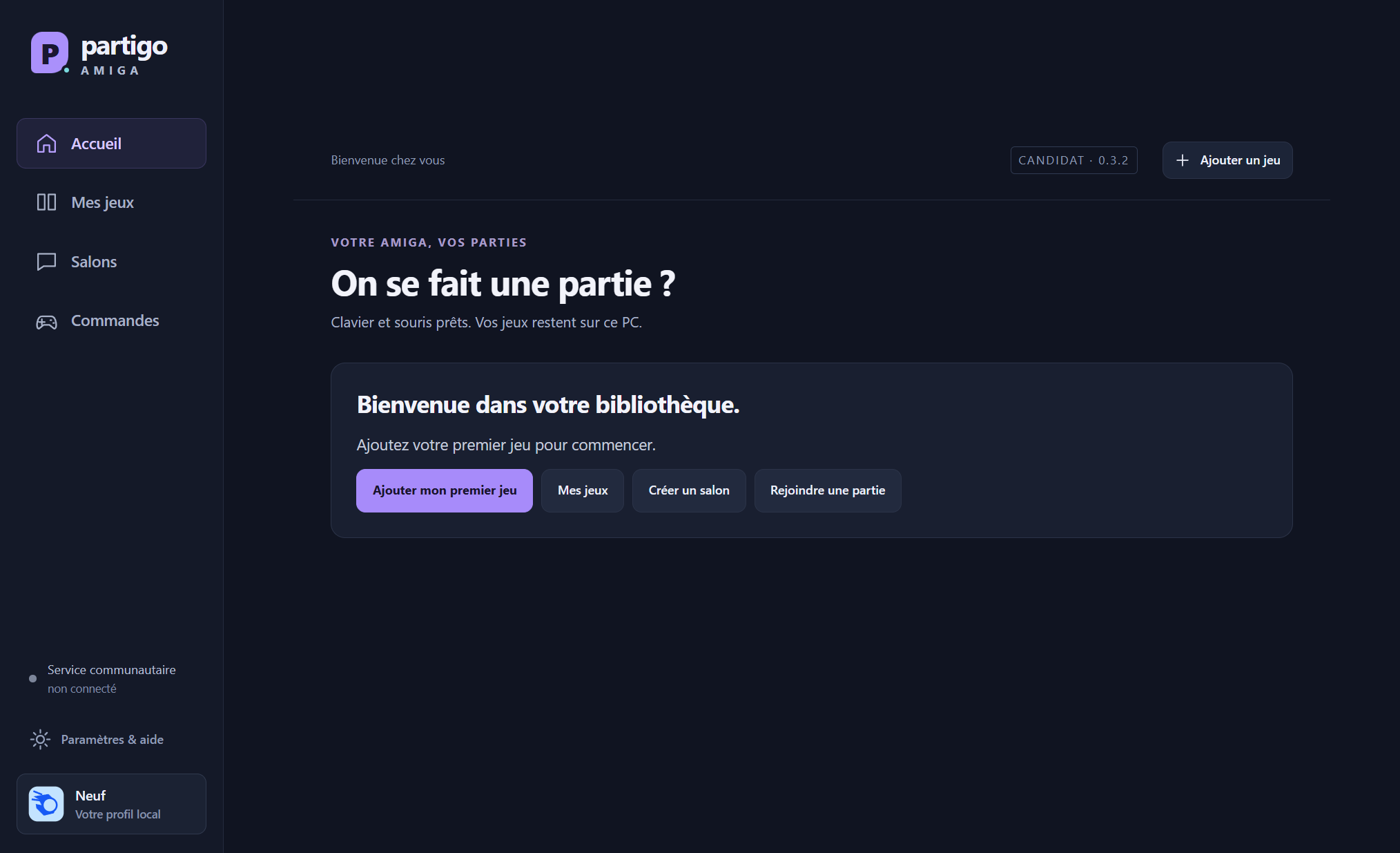 Capture authentique de l’accueil Partigo Amiga 0.3.2, avec les actions pour ajouter un jeu et rejoindre une partie