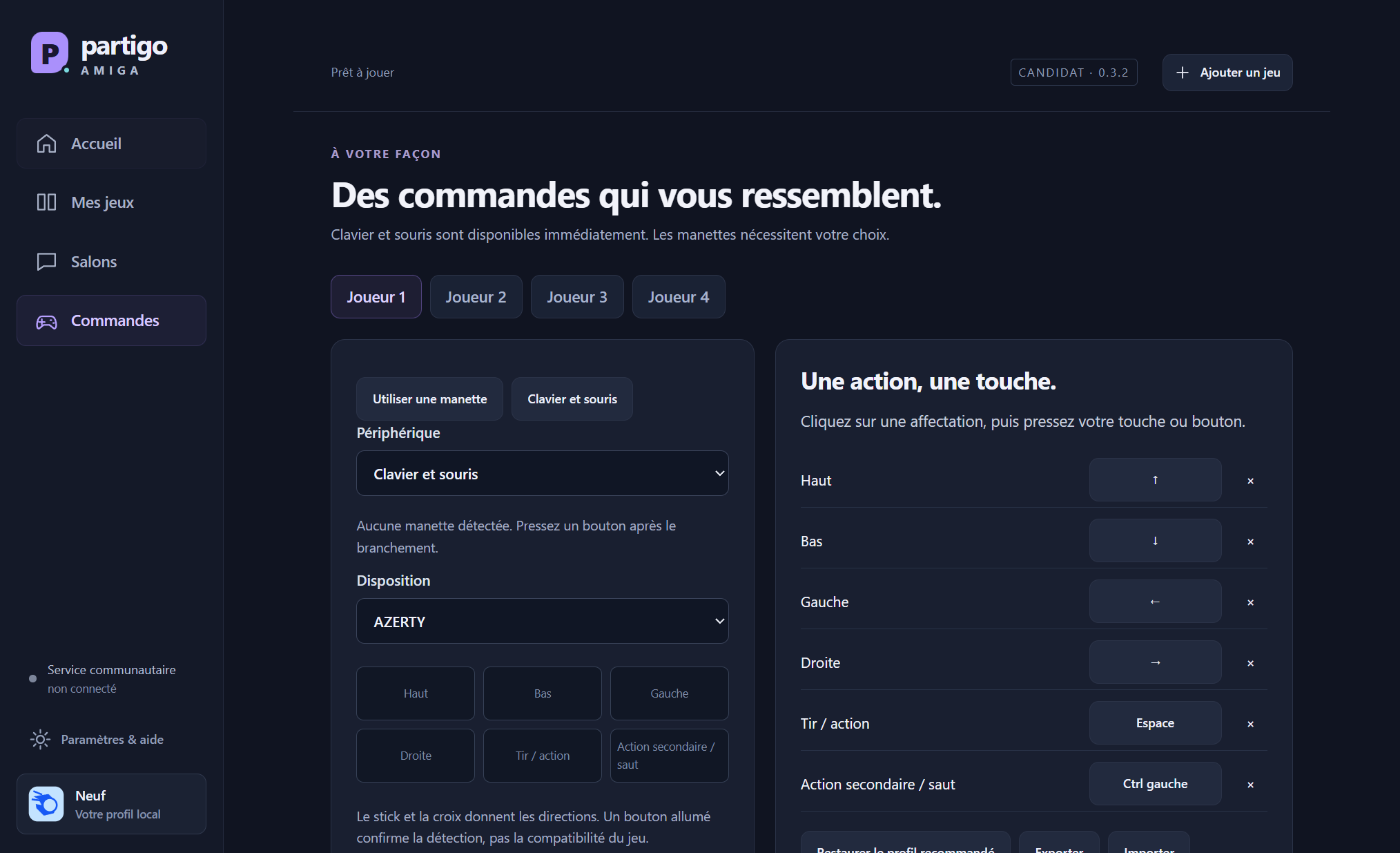 Capture authentique de la configuration des commandes : clavier et souris par défaut, manettes configurables